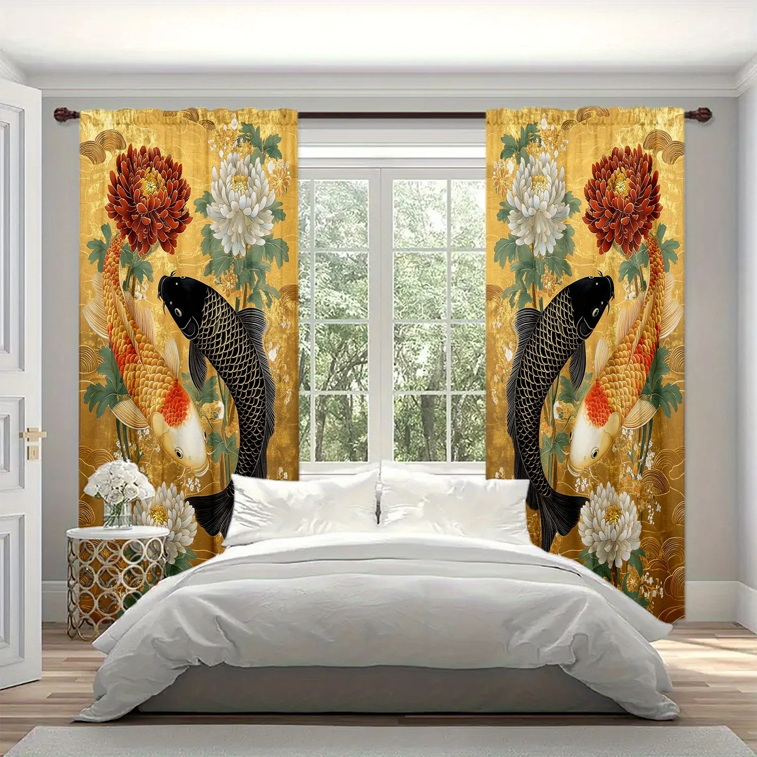 2pcs Gold Koi Fish Chrysanthemum Curtains Japanese Style Print Blackout Drape Bedroom Living Room Window Treatment Home Decor