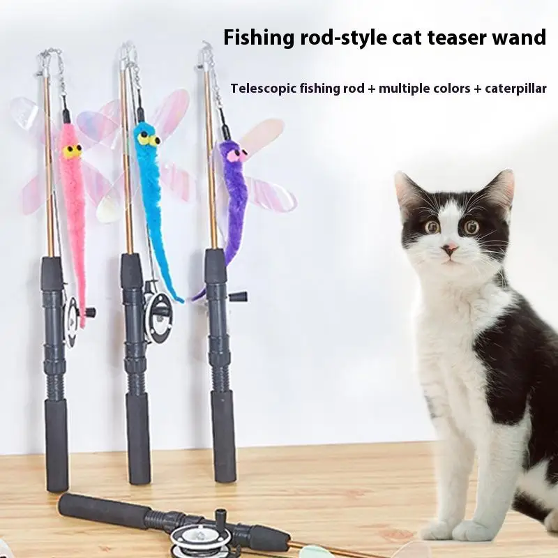 1Set Telescopic Cat Toy Fish Type Telescopic Feathers Funny Cat Stick Toys Pet Toy For Kitten Rods Simulation Fishing Rod