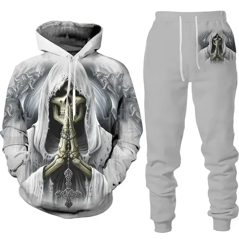 New Men\'s Sweatshirt Hooded Set Hooded Skull Graphic 2 pieces Leisure Casual tracksuit Hoodie 3D Print Skull Men Clothing 2024