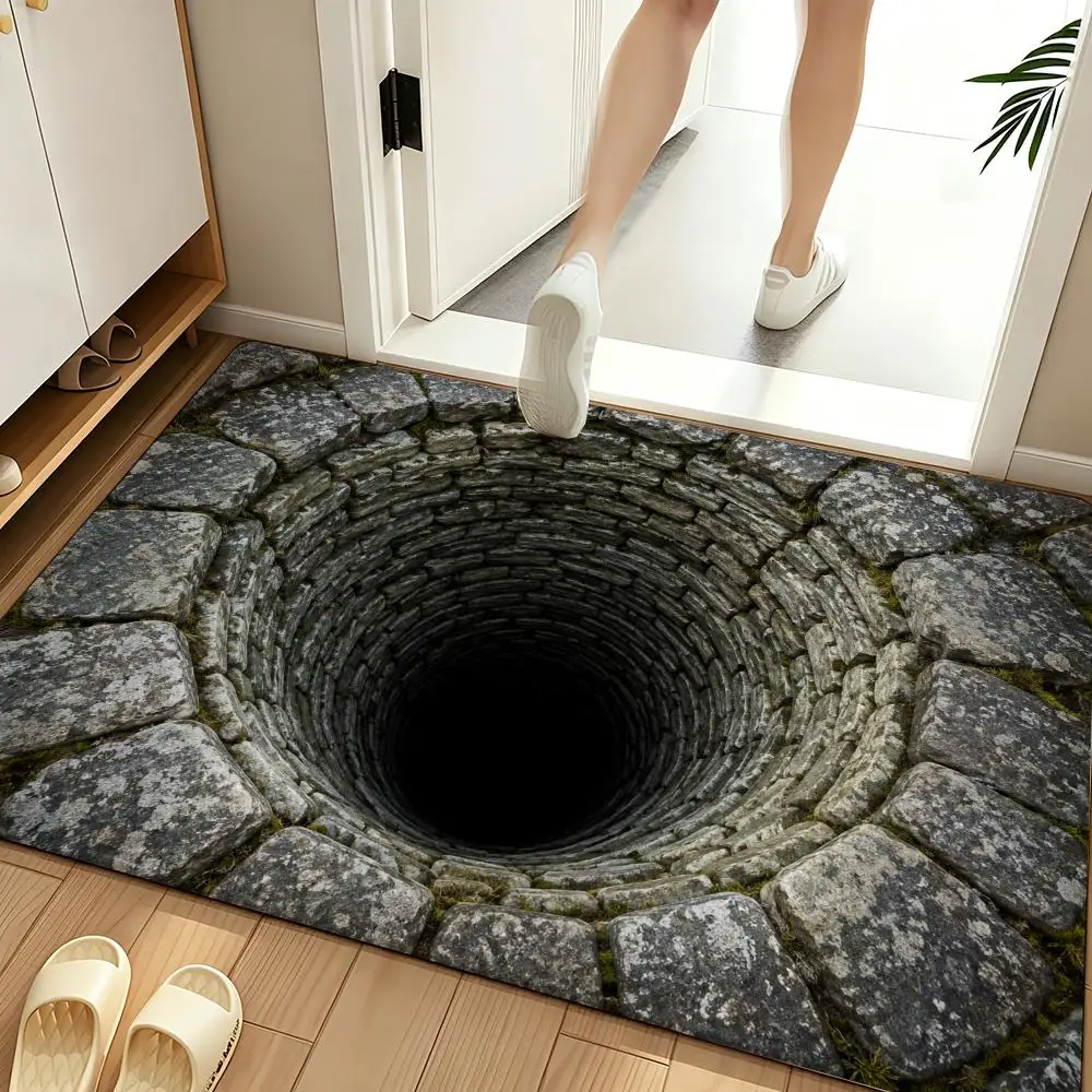 Stone Well Deep Hole Realistic Optical Illusion Floor Mat Soft Flannel Non Slip Absorbent Entryway Bathroom Bedroom Garage