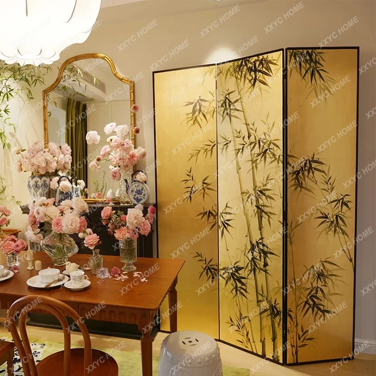 Pure Hand Drawing Gold Foil Painting Floor Mobile Folding Partition Wood Board Four Bamboo Screens