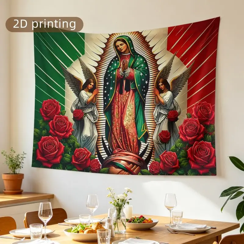 VIKAMA Virgin Mary Guadalupe Tapestry Religious Catholic Angels Roses Wall Hanging Wall Art for Bedroom Living Room Decor