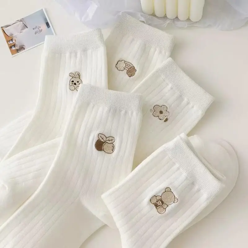 

Cute Cartoon Embroidery White Socks Women 2025 Autumn 5 Pairs Anti-pilling Knitted Cotton Socks Breathable Girls' Jk Stockings