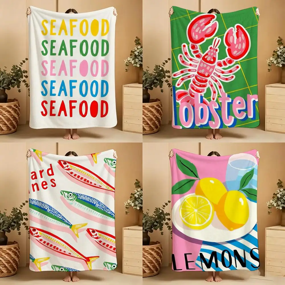 Illustration B-Bright Coastal Seafood Life Throw Soft Warm Throw Blanket for Bedroom Living Room Bed Travel Camping Picnic Gift