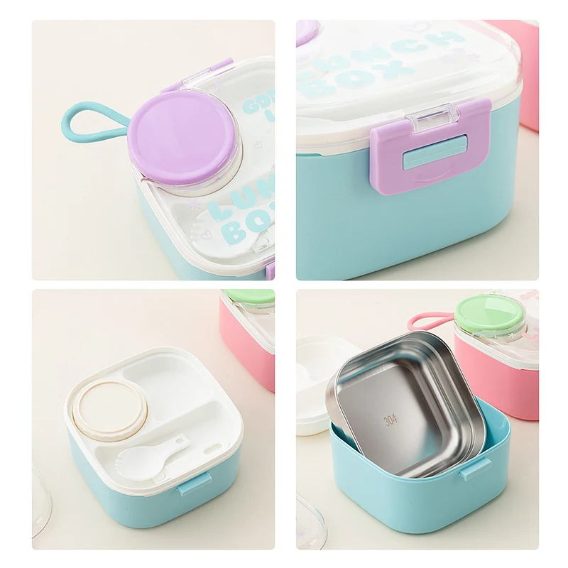 Portable Handheld Kids Lunch Box 304 Stainless Steel Food Container with Spoon Sauce Box Bento Box for Students Office Workers view 2