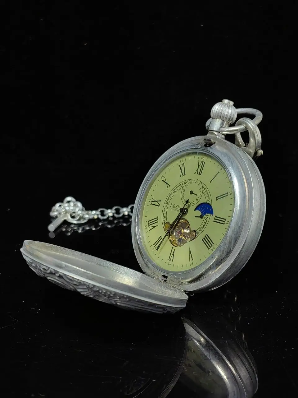 Φ55mm 19 Century Sun Moon Stars Double Opening Copper Mechanical Pocket Watch Good Working