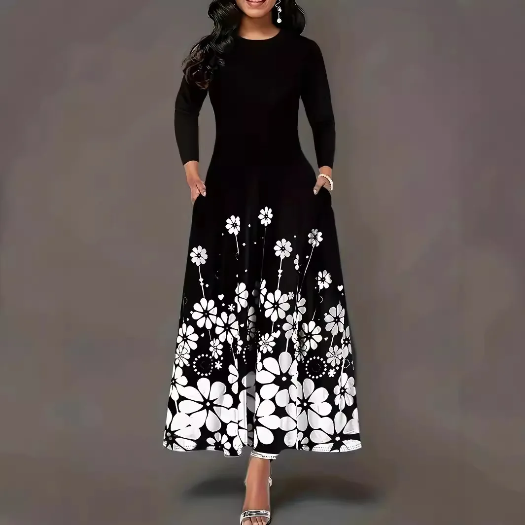 

Autumn new fashionable long sleeved printed loose round neck simple temperament dress