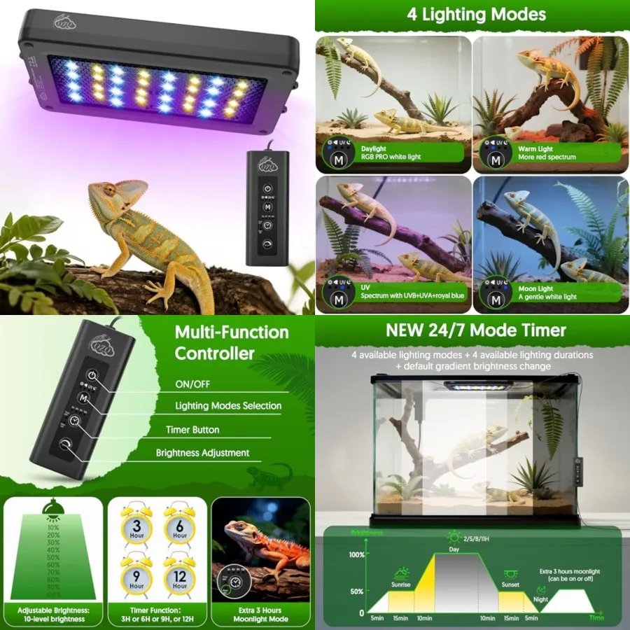 UVB Light for Reptiles, 24W LED UVA UVB Reptile Lamp with Dimming and 4 Lighting Modes, New Mode 24/7 Timer, Adjustable Brightn