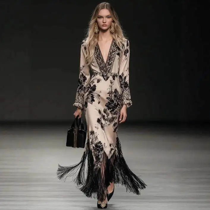 

Elegant Bohemian Style Long Dress Satin Fabric V-Neck Tassel Floral Print Beige mid Waist Chinese Style Women's Skirt