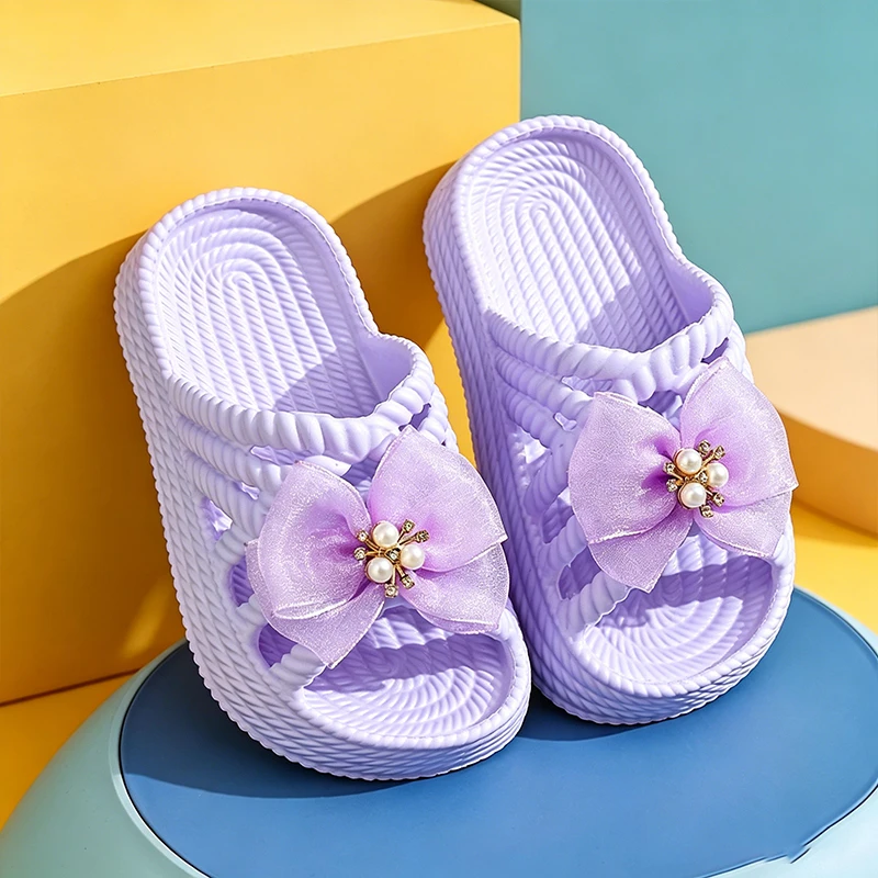 Süße Prinzessinnen-Sandalen für Mädchen mit Spitze und Perlen-Schleife, Gewebte Ausgehöhlte Dicke Plattform Rutschfeste Sommer-Pantoffeln – Detail 9