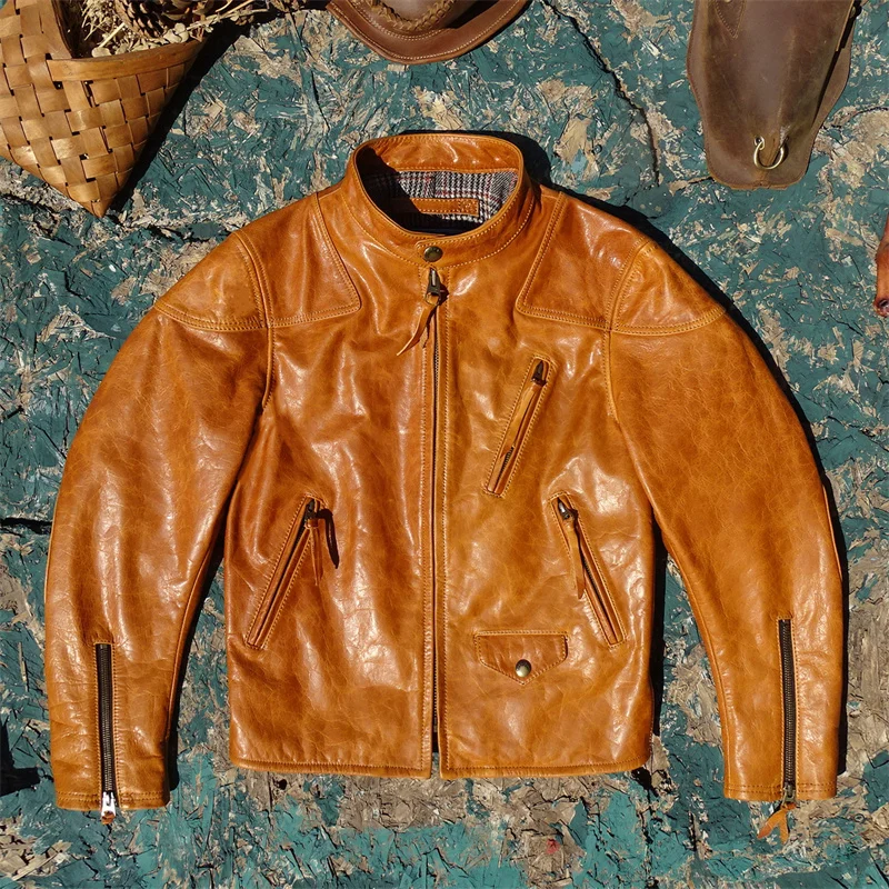 

Классическая американская мужская кожаная куртка Slim Fit с воротником-стойкой из натуральной вощеной кожи, модная, для городской молодежи, весенняя