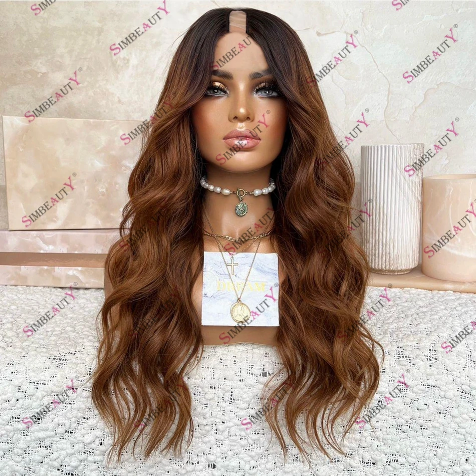 Black Women Black Root Medium Auburn Ombre Human Hair V Part Wig with Clips 200 Density Remy Brazilian Hair U Part Women Wigs