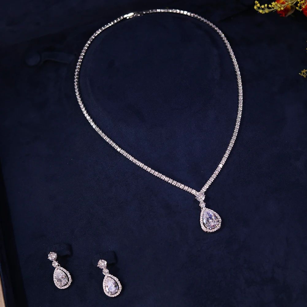 Luxury Cubic Zirconia Bride Necklace  Earrings ,Bracelet And Ring 4pcs Dubai Full Jewelry Set For Bridal Wedding Accessories