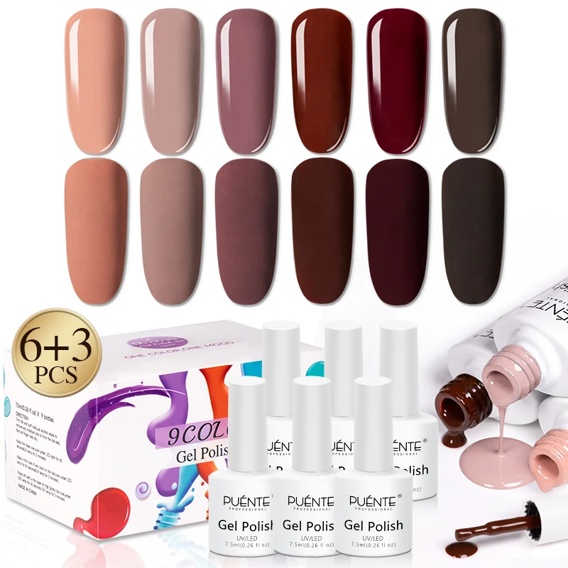 PUENTE-Conjunto de Verniz Gel Color com Base, Gel Matte Brilhante, Top Coat, Kit de Verniz Semi-Permanente, Outono, Inverno, 9 peças