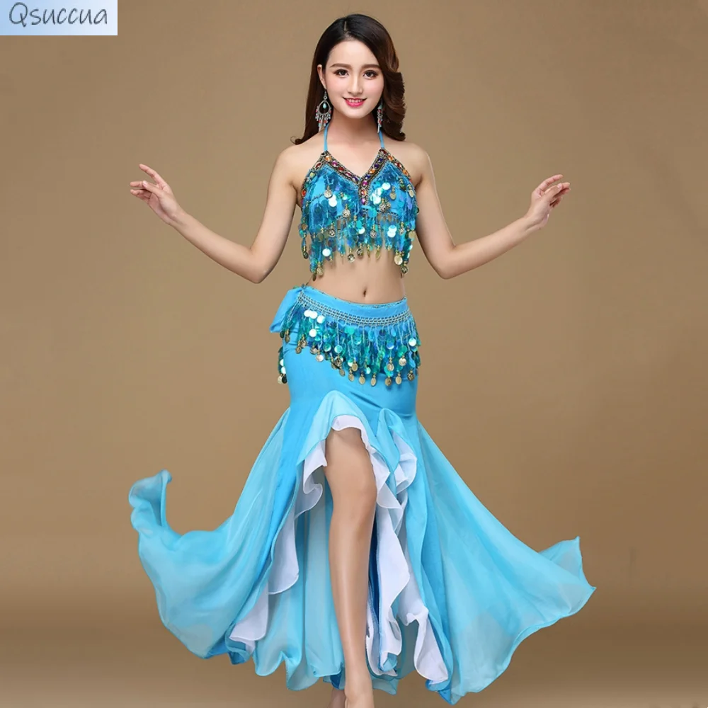 

Belly Dance Crystal Cotton Double Split Color Skirt Long Skirt Performance Dance Skirt