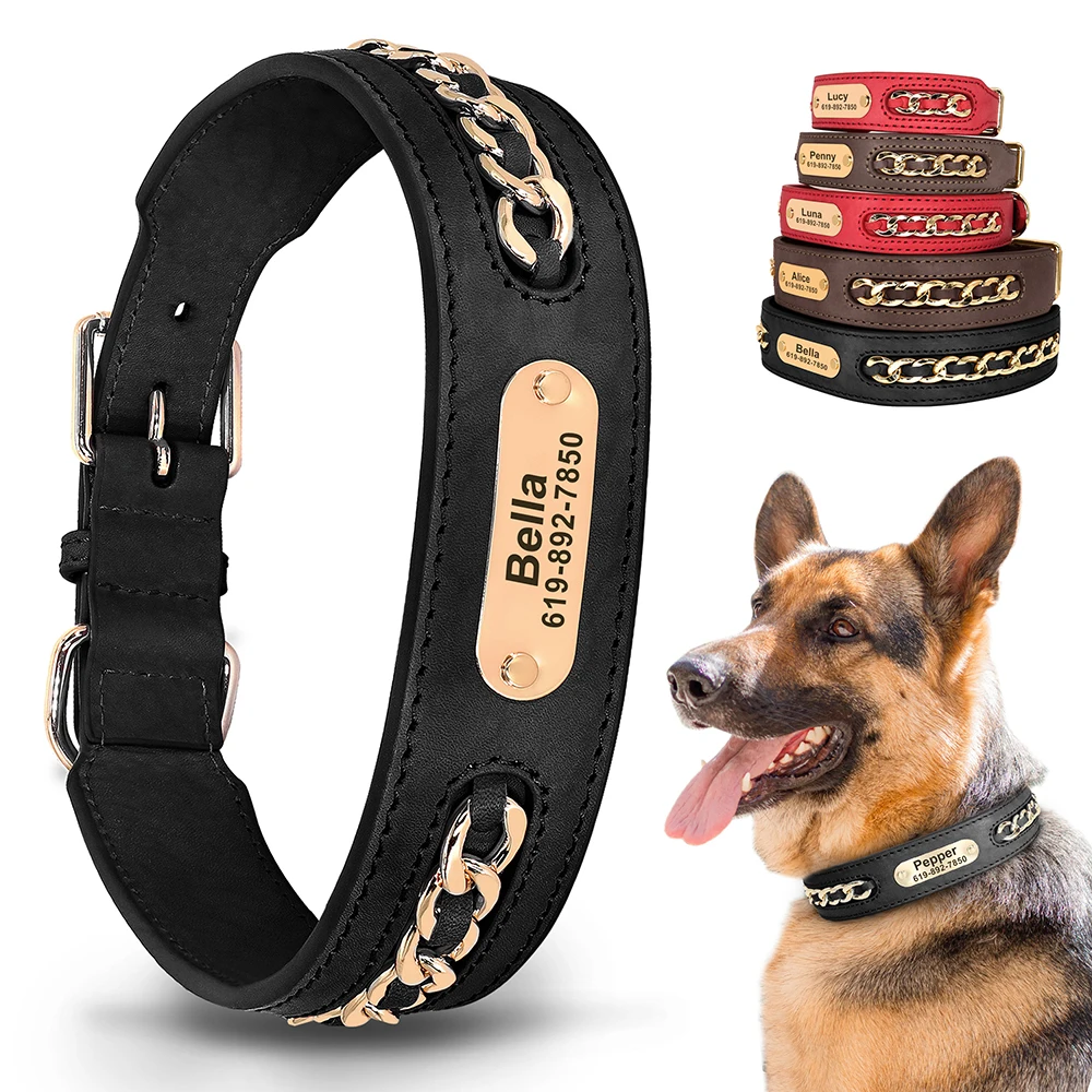 Personalisiertes Hundehalsband, kostenlose individuelle Hunde-ID-Namennhalsbänder mit Kettenzubehör, langlebige Leder-Haustier-Halskette für kleine und große Hunde