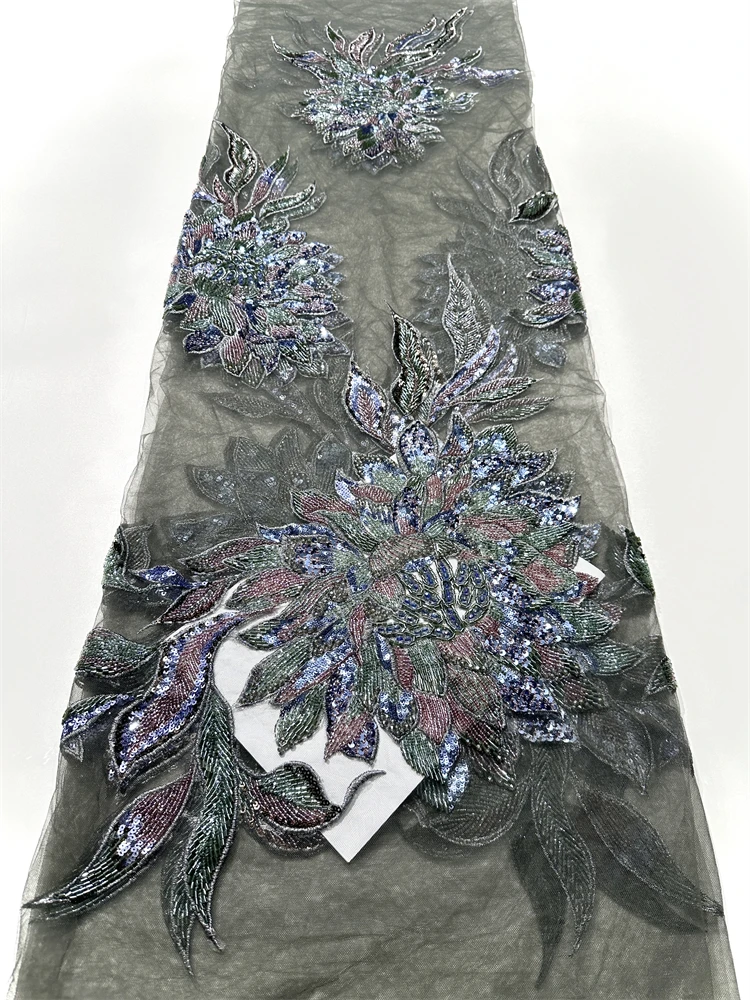 Nieuw design mode Afrika Nigeriaans artistiek patroon borduurwerk pailletten Hot Sale Franse kralen Tule kant voor feestjurk