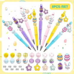 8PCS New Colorful Easter Bunny Broken Egg Chicken Easter Egg Theme DIY Beaded Ballpoint Pen&Wooden Bead Set,Office&Study Supply