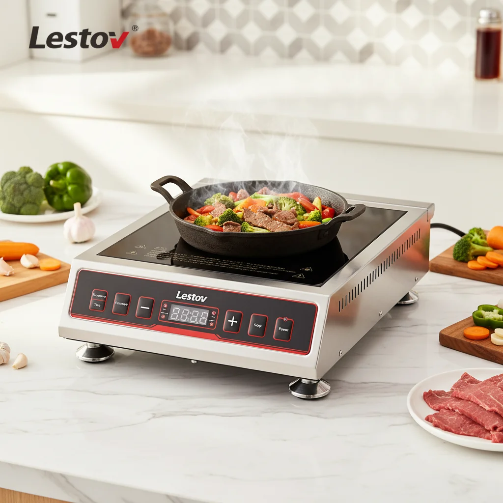Lestov Tabletop Single Burner Stainless Steel Induction Cooker for Commercial Kitchen Canteen with Hotpot Function 3500W