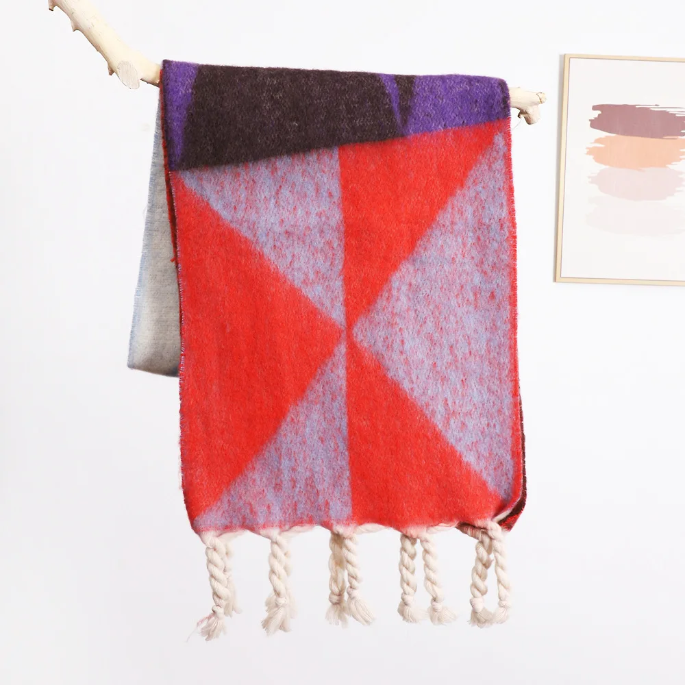 4Colors Geometric Rainbow Scarf Wholesale Shawl Reversible Mohair Blend Warm Hijab Neck Warmer Elegant Hair Scarf For Women