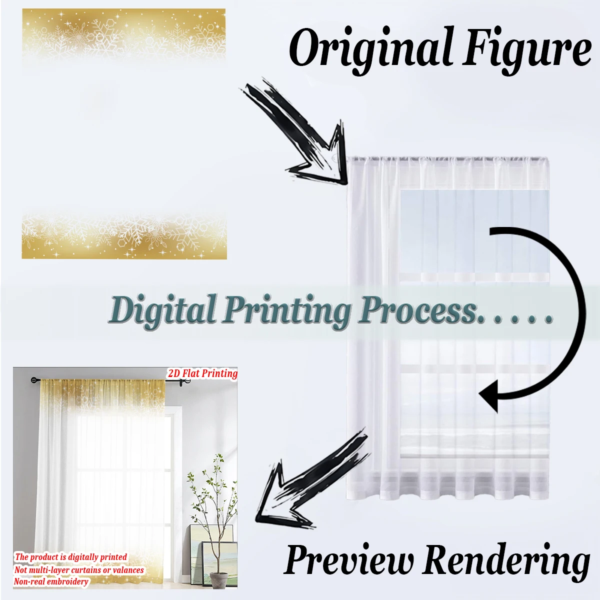 Christmas Flat Printing Sheer Curtain with Christmas Snowflak for Living Room Bedroom Decor Holiday Party