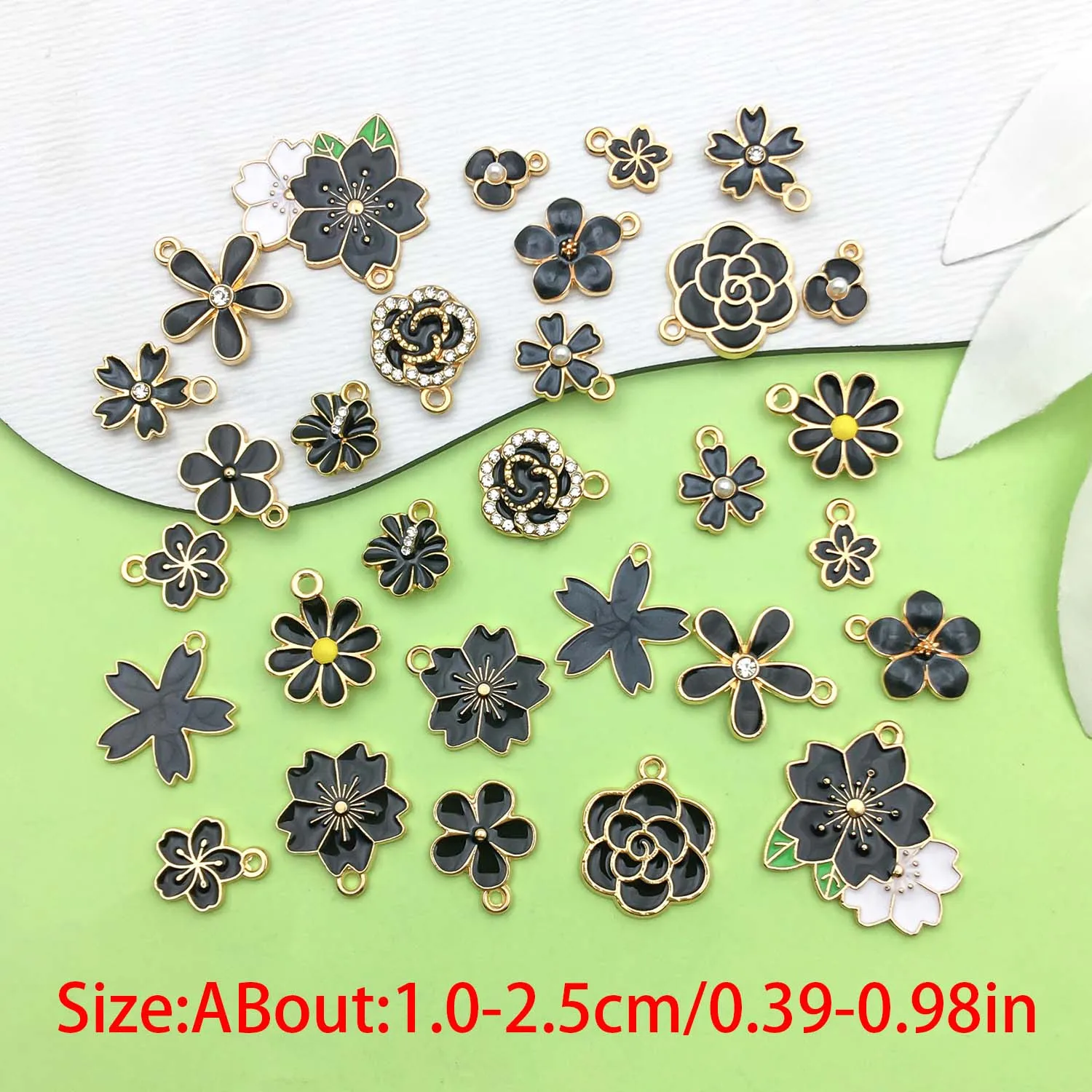 30pcs Black Enamel Flower Charms Alloy Small Daisies, Cherry Blossoms, Rose Flower Pendants For DIY Jewelry Making Accessories