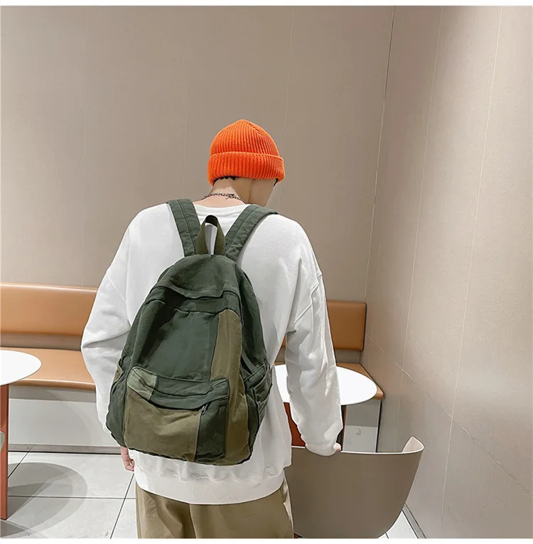 Contrast Color Block Canvas Backpack Large Capacity Casual School Travel Rucksack for Student Daily Use