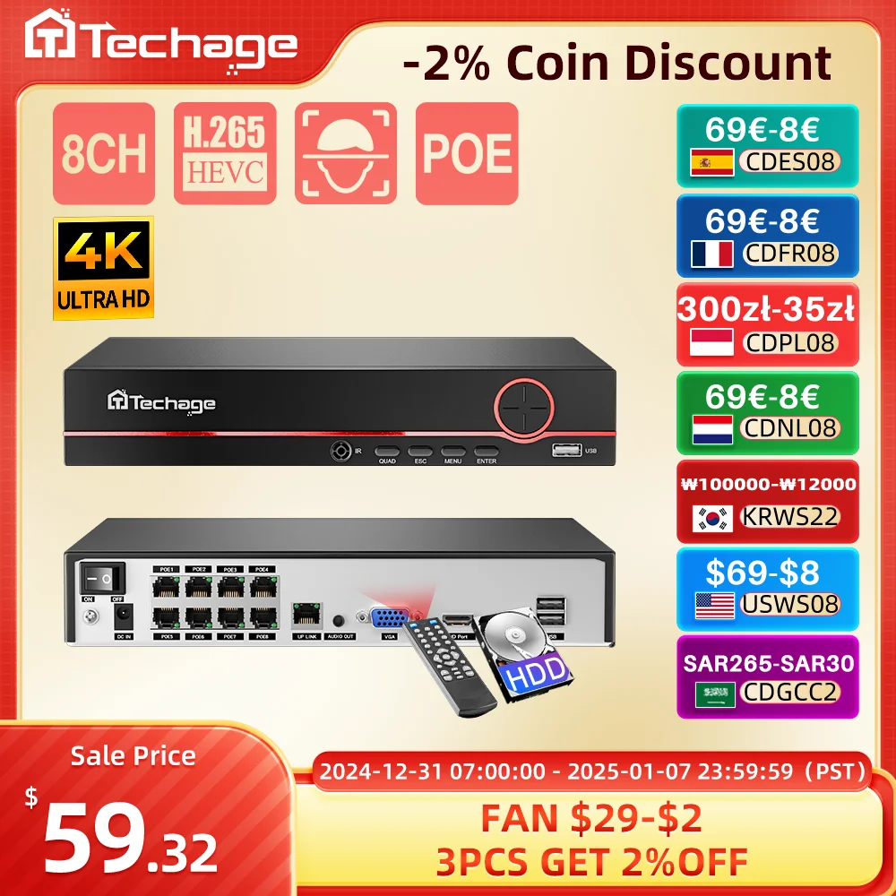 Techage H.265 8CH POE NVR 4K 8MP 5MP 4MP 1080P Power over Ethernet IP NVR Two-way Audio Face/Human Detection Onvif Protocol P2P