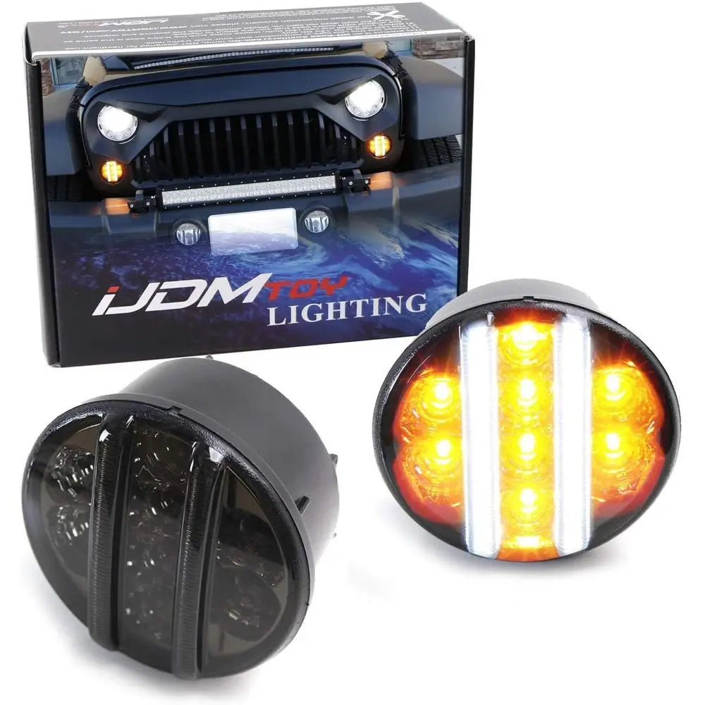 

Smoked Lens LED ront Turn Signal Lamp Assembly Compatible With 2007-17 (White LEDs Veal Bars or Driving/DRL & Amber LED Dots or