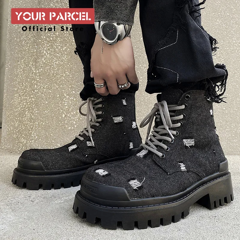 Mating boots for men new design black washed denim canvas short boots distressed style thick soled shoes Street Style