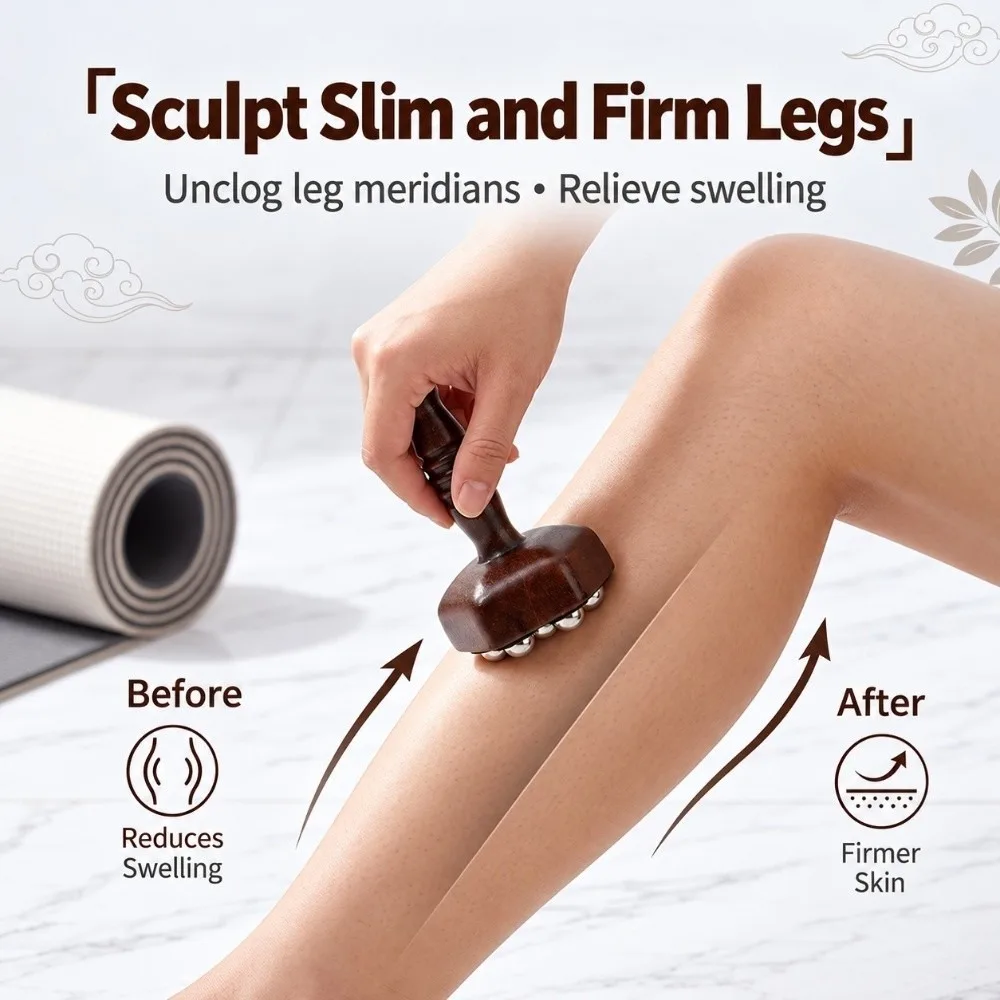 Wood Massage Roller Hand Grip Handle Metal Ball Roller Gua Sha Tool Polished Surface Multi ball Head Body Massager For Abdomen