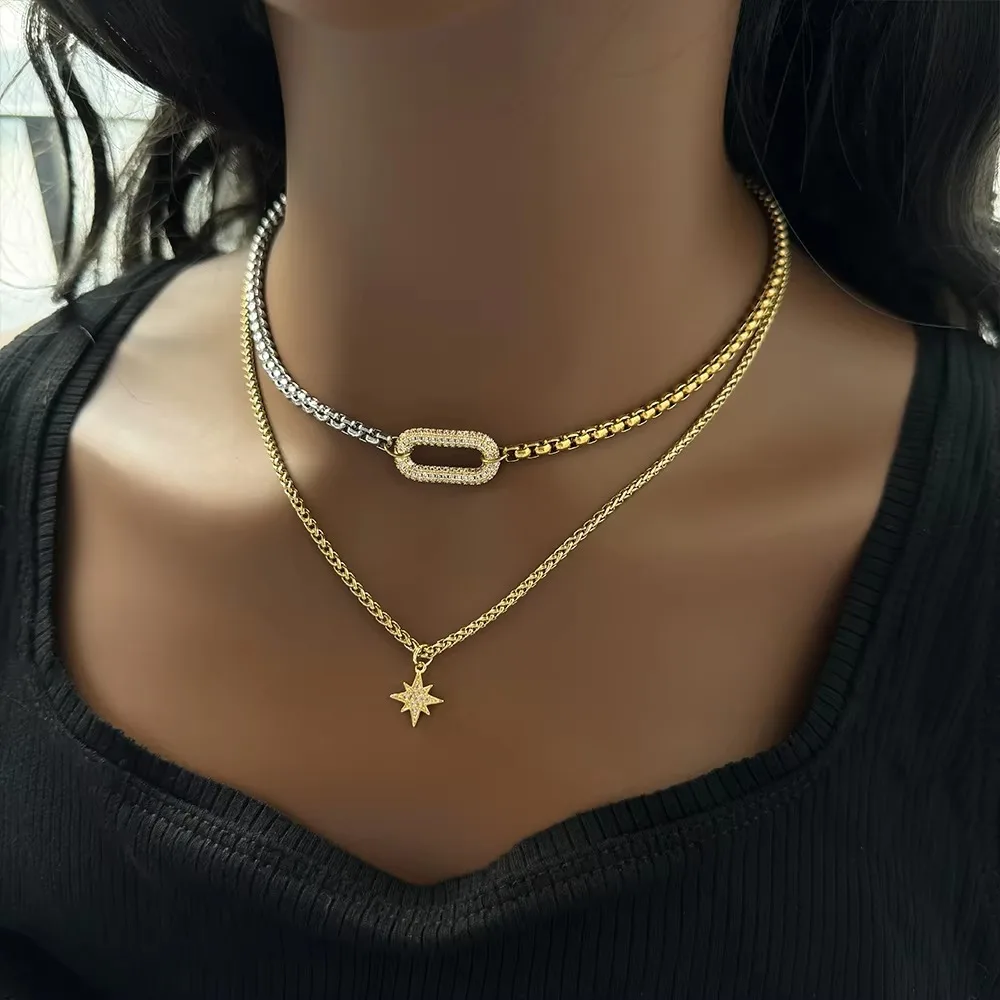 Fashion Designer Jewelry Waterproof Stainless Steel 18k Gold Plated Two Tone Oval Zircon Charm Multilayer Necklace for Women