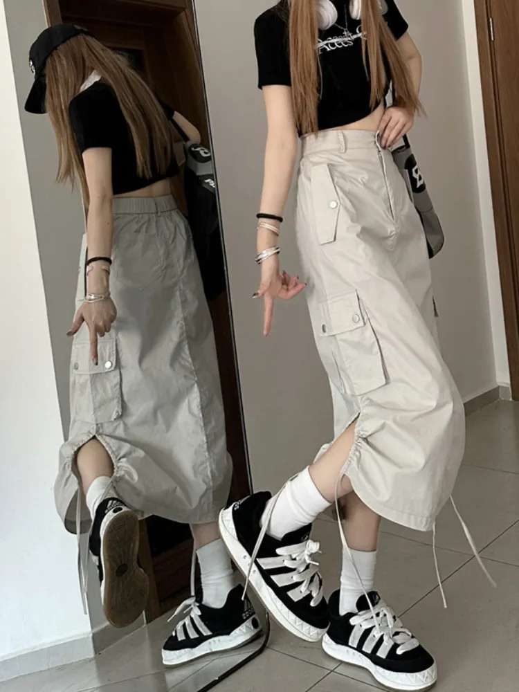 

Women's Overalls Tooling Skirt for Summer High Waist Maxi Skills with Button Multi Pocket Side Drawstring Frock Skill for Female