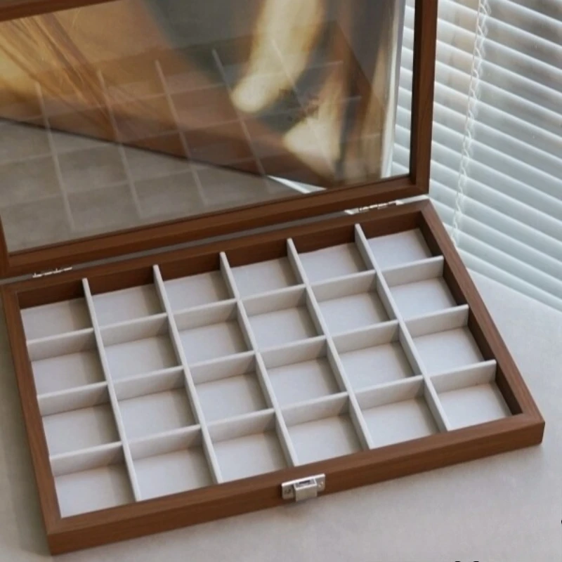 Walnut Grain Jewelry Storage Box with Dustproof Lid, Grid Organizer for Earrings Beads Wenwan Brooches Accessory Container