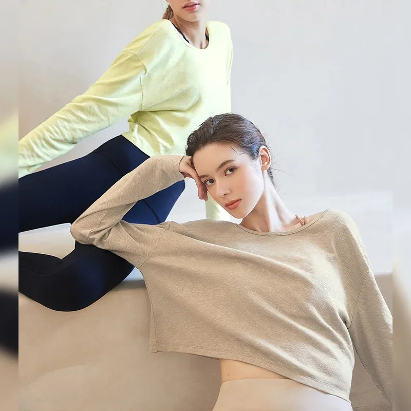 Damskie koszulki oversize ze 100% bawełny, bluzki z długim rękawem, koszulki do biegania, jogi, topy, koszulki do ćwiczeń, odzież dla młodych kobiet. — zdjęcie 3