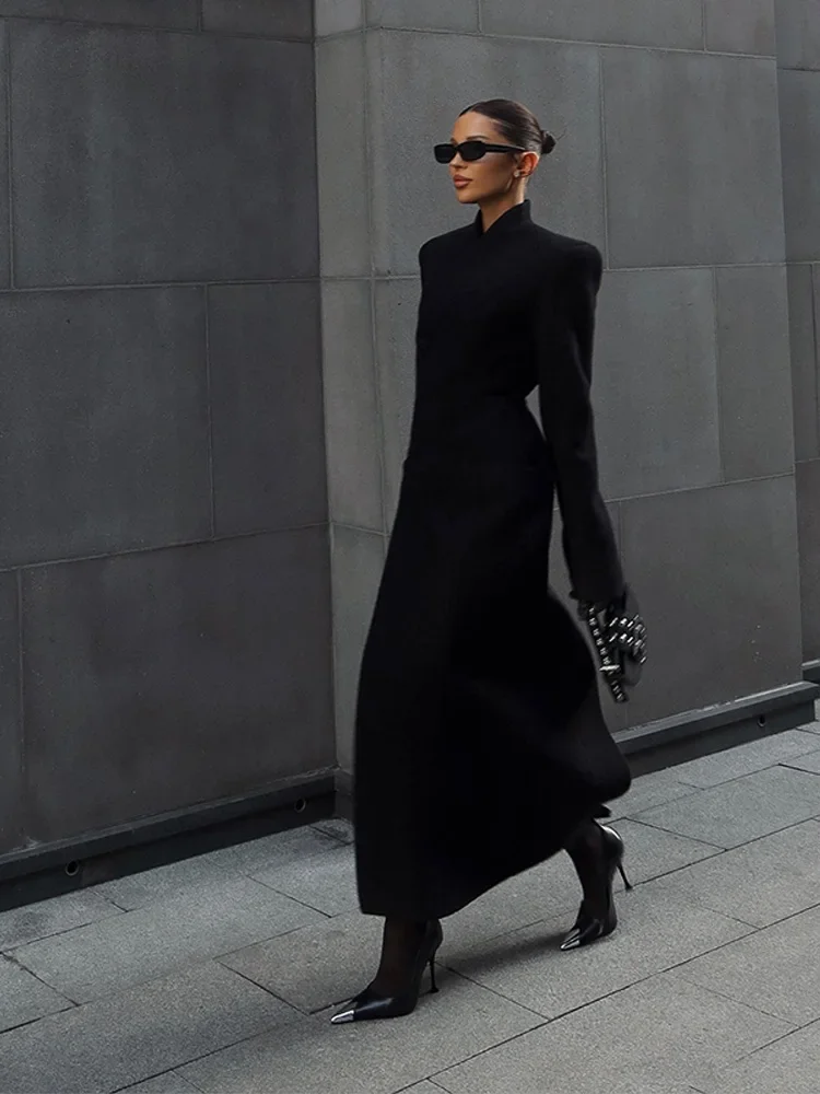 معطف نسائي أنيق طويل برقبة على شكل حرف v سترة ضيقة واحدة الصدر بخصر مغلق للسيدات لخريف وشتاء 2025 ملابس خروج نسائية أنيقة