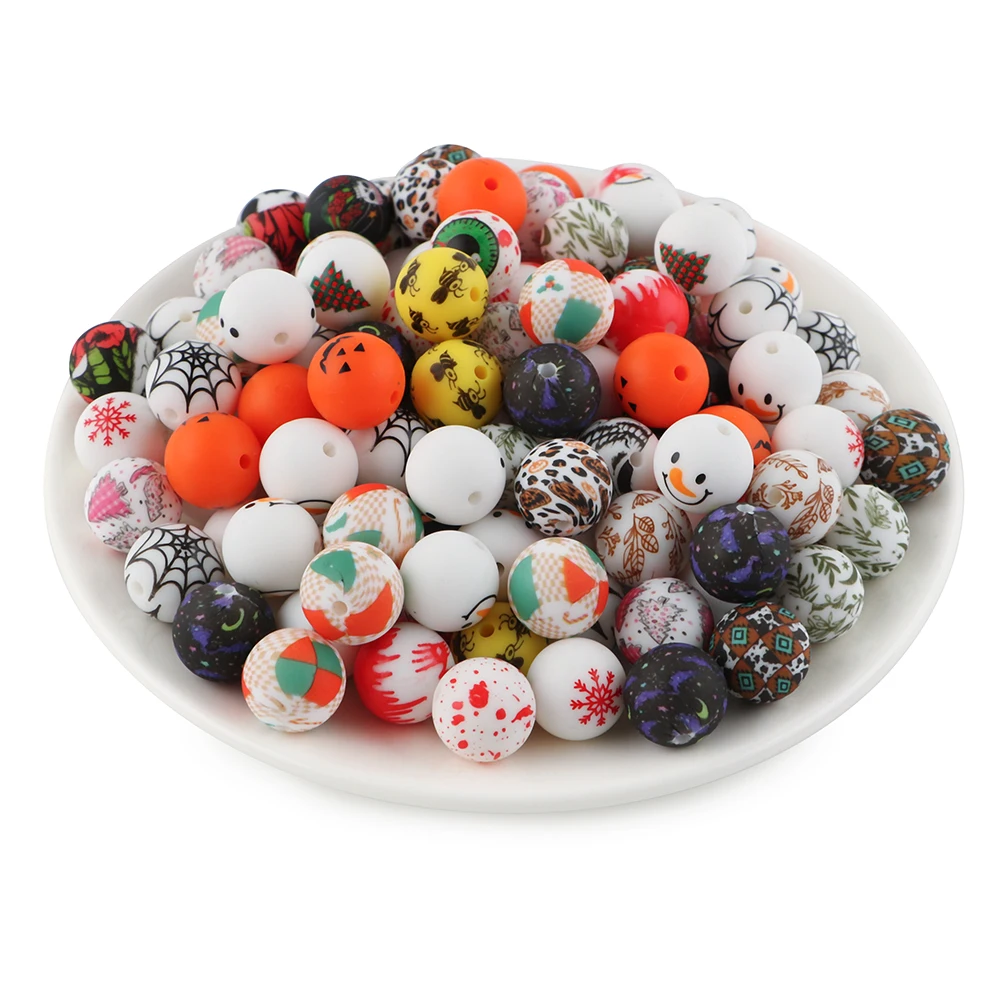 NEUE Weihnachten Serie Gedruckt Silikon Perlen 20 Stücke/15mm DIY Schlüsselbund Halskette Armband Zubehör Für Schmuck Machen