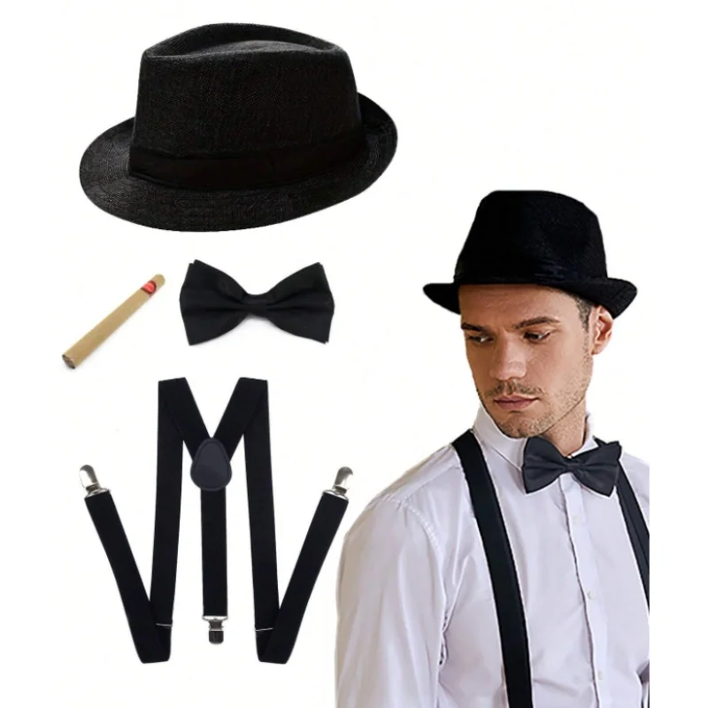 Conjunto de Disfraz de Gangster para Hombre de los Años 20, Sombrero Fedora Negro, Corbata de Lazo, Tirantes, Cigarro Falso para Cosplay de Mafioso de los Años 20, Disfraz de Fiesta de Halloween
