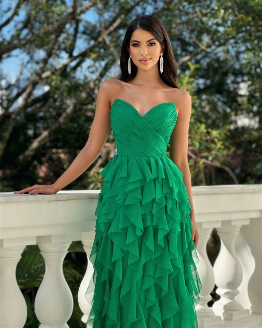 Jessica Green Sweet Robes De Soirée Chiffon Layering Prom Dresses Sexy Strapless Women Evening Dresses Wedding Party Dress