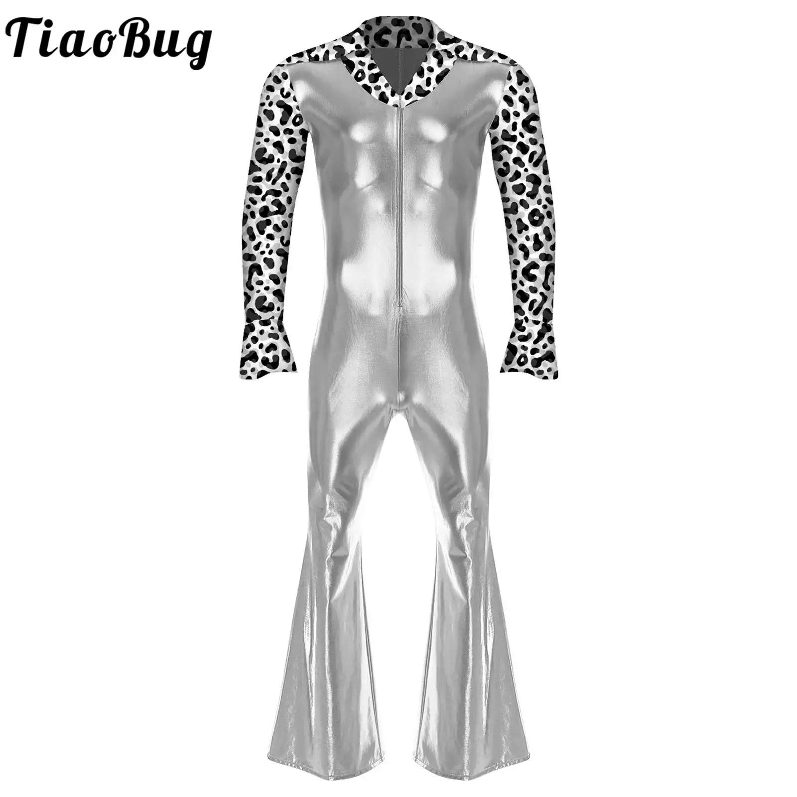 Metallic Shiny Tights Jumpsuit Mens Vintage Rompers Long Sleeve Split Cuffs Bell Bottom Pants Suit for Hippie Jazz Dancewear