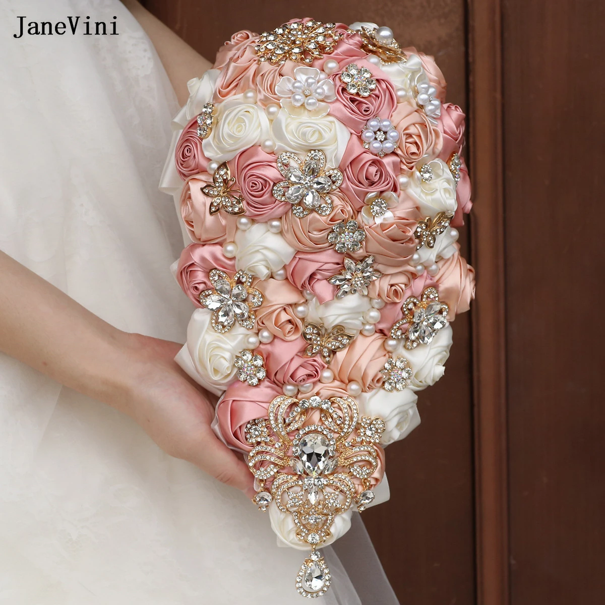 

JaneVini Customized Nude Pink Waterfall Bridal Bouquets Bling Rhinestones Handmade Satin Roses Wedding Bouquet Flowers for Bride