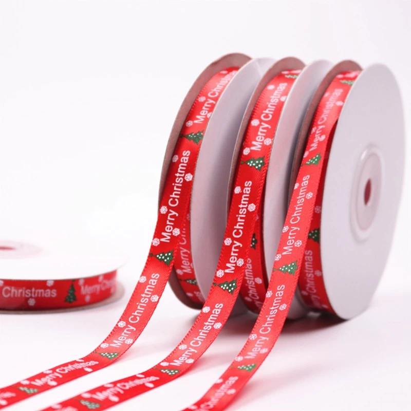 10 Rolls 25 Yards Christmas Tree Snowflake Printing Red Ribbon DIY Xmas Decor