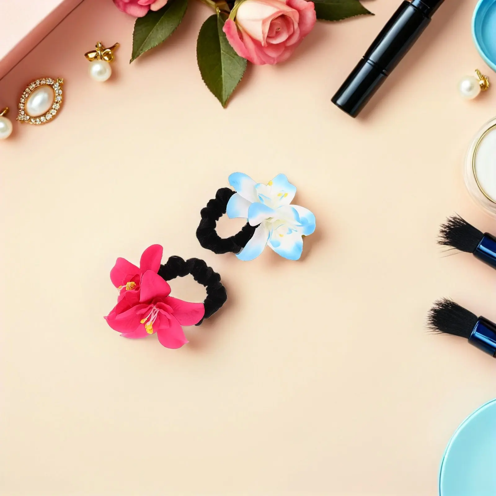 

5Pcs Colorful Flower Hair Ties Elastic Fabric Scrunchies Decorative Ponytail Holders for Women Girls Wedding Party Beach Style