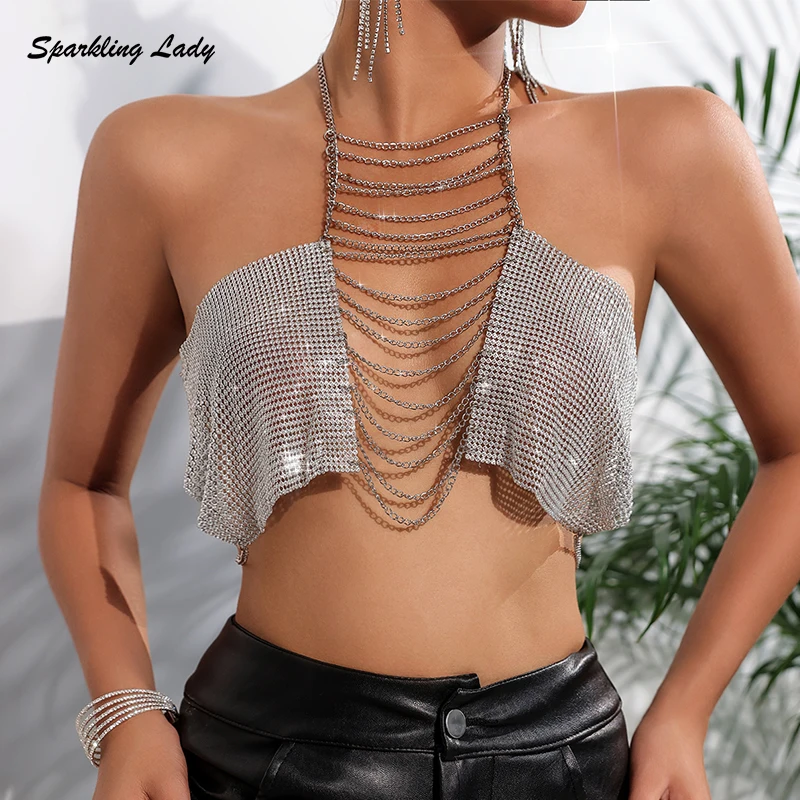 

Sexy Halter Rhinestone Crop Top for Women Sexy Halter Backless Metal Deep V-Neck Crystal Bandeau Vest Nightclub Body Jewelry