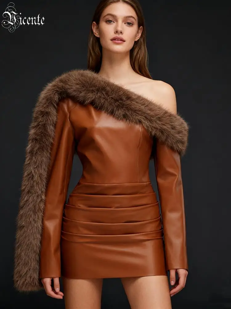 

VC Club Party Гламурное коричнево-коричневое мини-платье из искусственного меха-ПУ на одно плечо с длинными рукавами и рюшами Зимнее модное сексуальное вечернее платье
