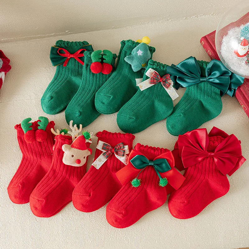 

Red Christmas Socks For Baby Xmas Bow Knit Stockings Cute Reindeer Children Mid Tube Sock Winter Warm Kids Cotton Socks 1-3Year