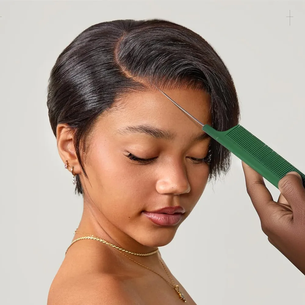 

short curly pixie cut human hair wig 13×1 T part lace human hair 150% density pixie remy hair 6inch 1b30/427/natural black color