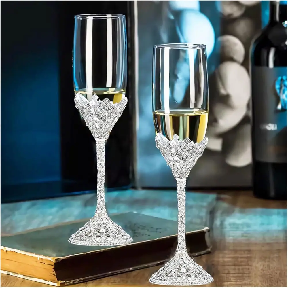 

Wedding Champagne Lutes Set of 2 - Metal Base With Crystal Stones, Glasses for Bride and Groom, Engagement Gifts, Party, Anniver