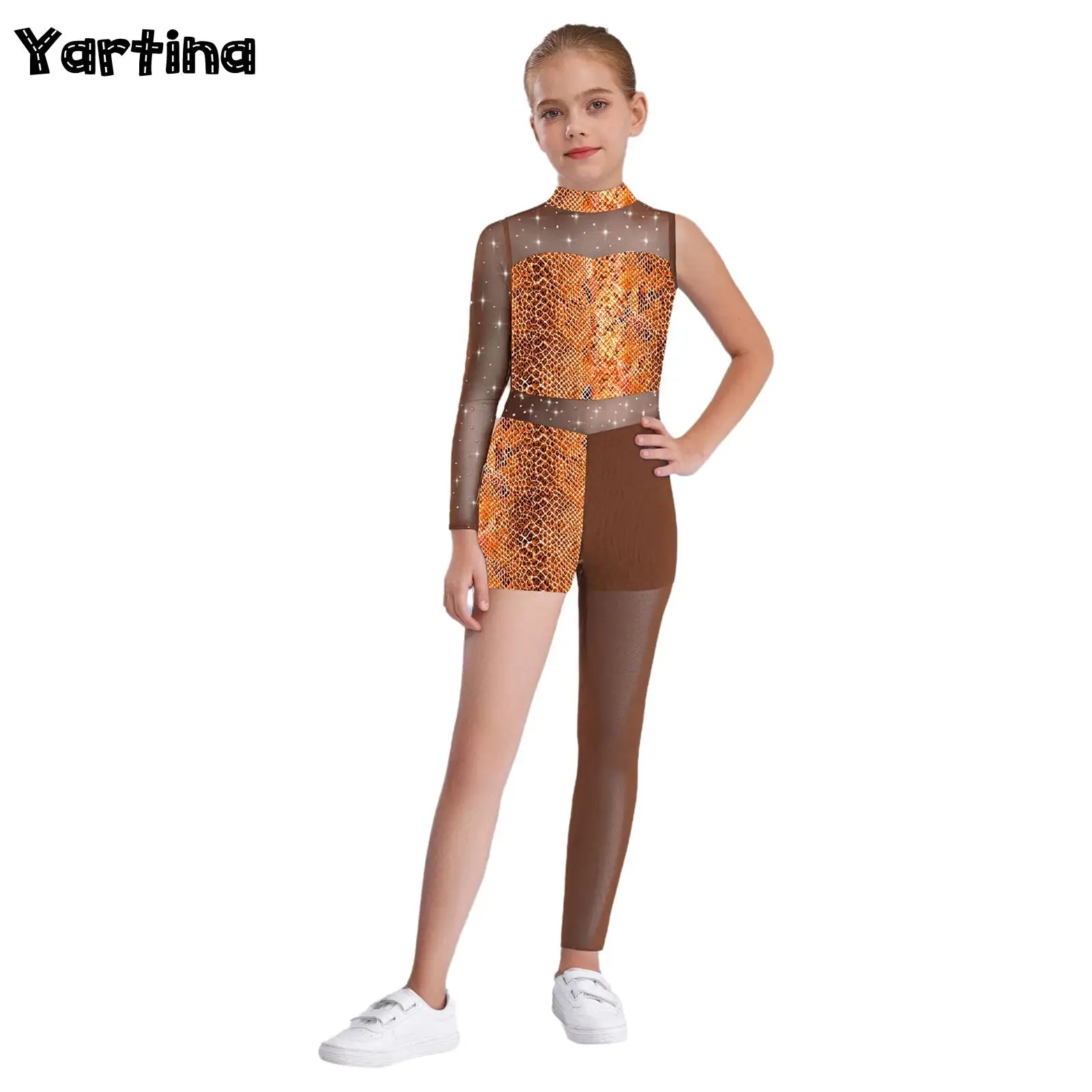 

Детский гимнастический балетный трико с принтом для девочек, танцевальный трико, костюм с блестящими стразами, прозрачная сетка, лоскутное асимметричное боди