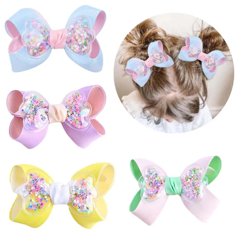 ncmama 2Pcs New Quicksand Sequins Star Hair Bow Clips For Kids Girls Grosgrain Ribbon Hair Pin Child Headwear Hair Accessories